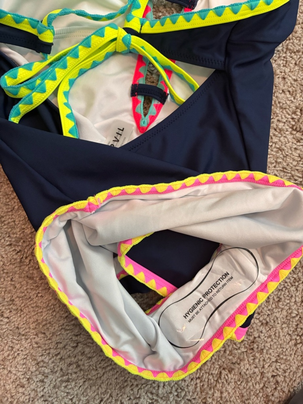 NWT 🆕 Women’s one-piece bathing suit POPVIL navy neon Deep v-neck Size Small - Picture 7 of 10